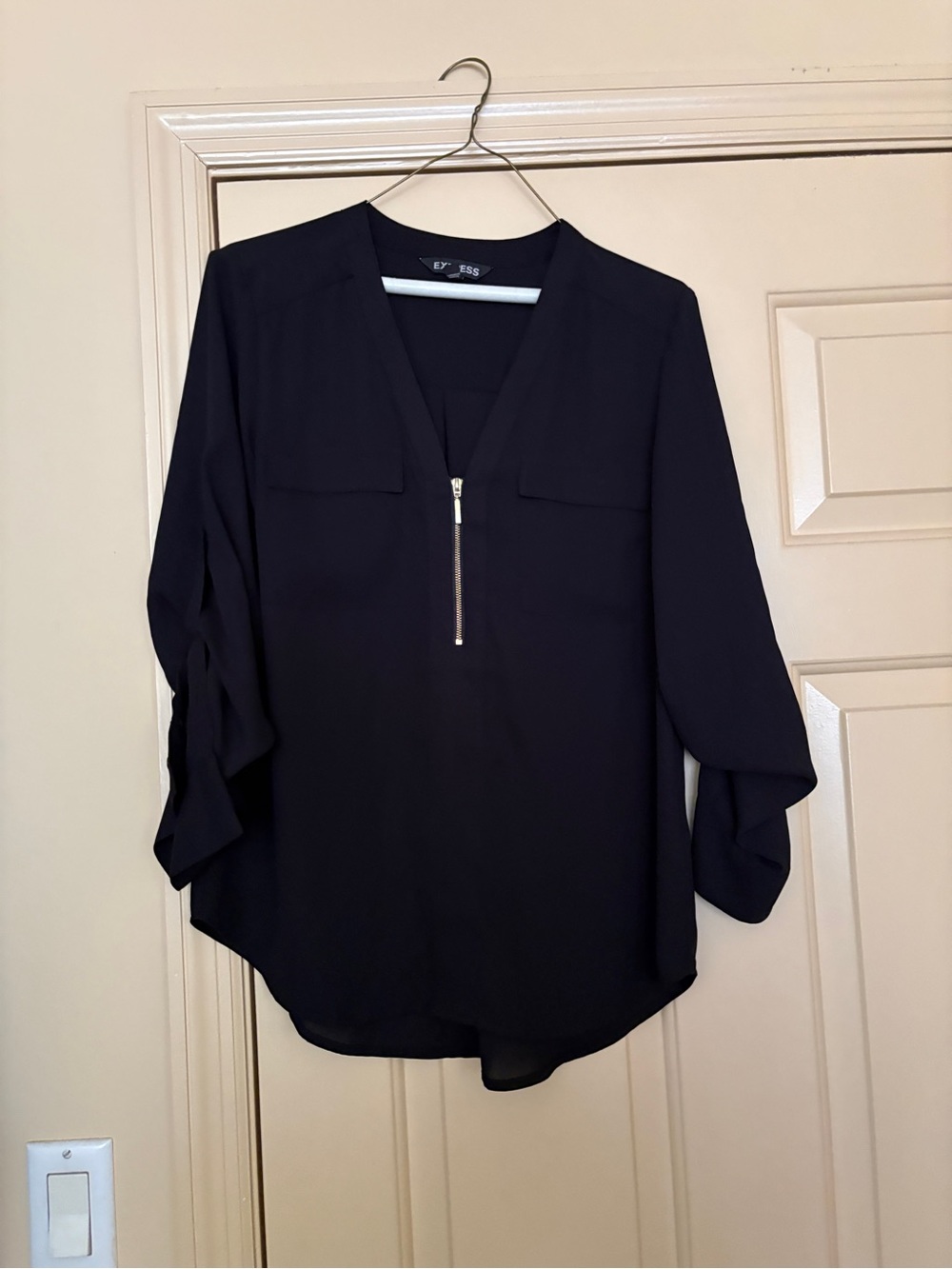 Express Black Zip Front Split Sleeve Blouse